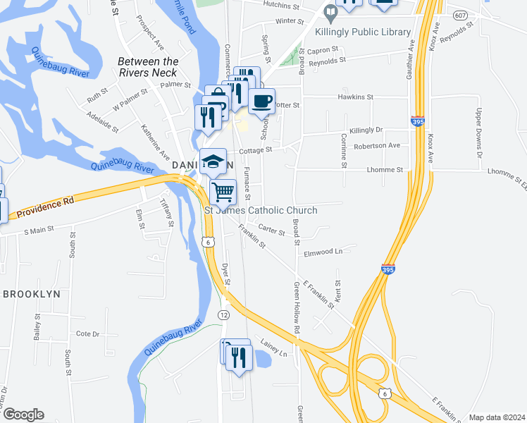 map of restaurants, bars, coffee shops, grocery stores, and more near 35 Prince Street in Killingly