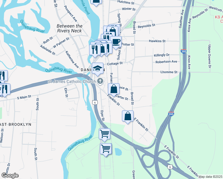 map of restaurants, bars, coffee shops, grocery stores, and more near 128 Furnace Street in Killingly