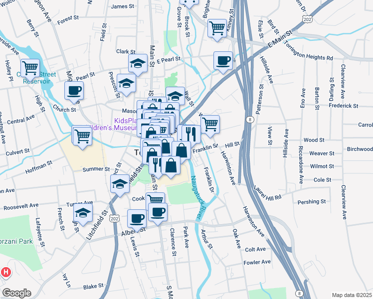 map of restaurants, bars, coffee shops, grocery stores, and more near 73 Franklin Street in Torrington
