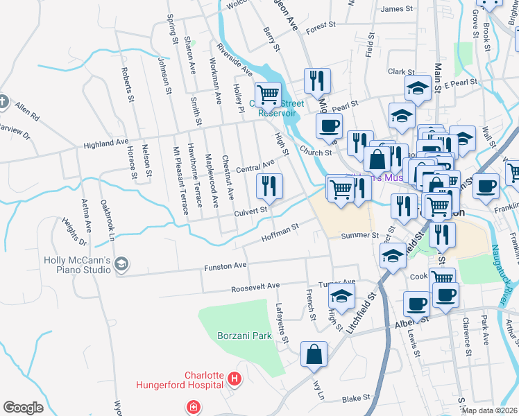 map of restaurants, bars, coffee shops, grocery stores, and more near 116 Culvert Street in Torrington