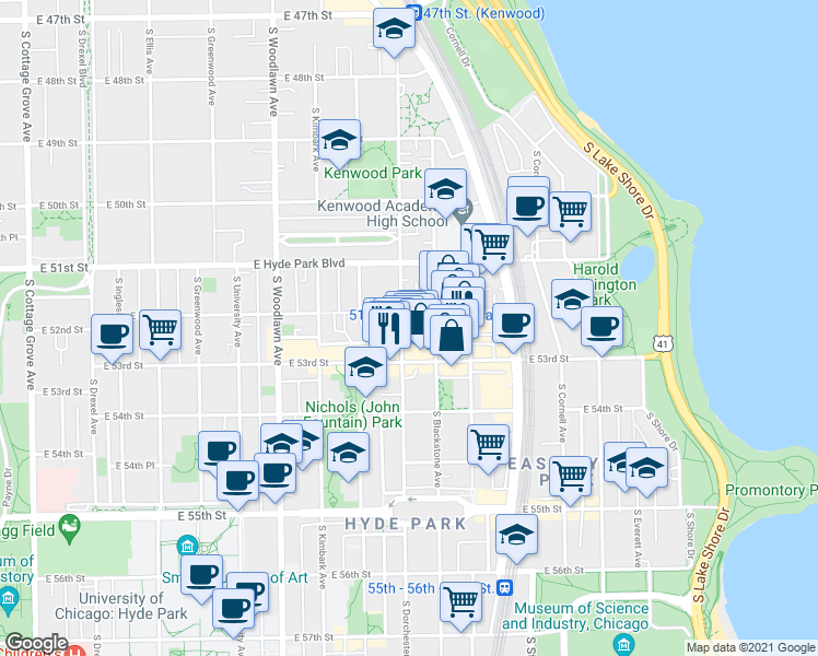 map of restaurants, bars, coffee shops, grocery stores, and more near 5210 South Blackstone Avenue in Chicago