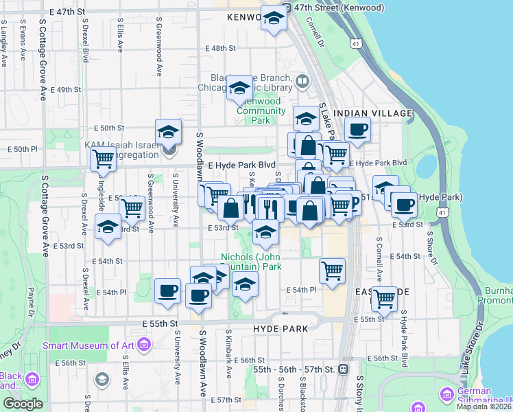 map of restaurants, bars, coffee shops, grocery stores, and more near 5218 South Dorchester Avenue in Chicago