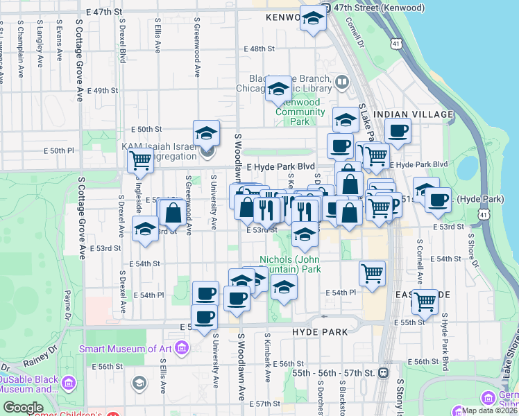 map of restaurants, bars, coffee shops, grocery stores, and more near 5214 South Kimbark Avenue in Chicago