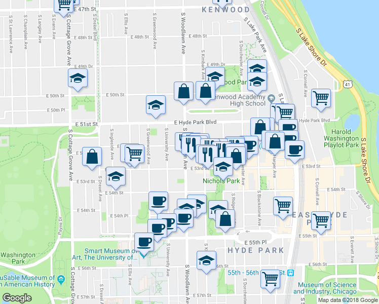 map of restaurants, bars, coffee shops, grocery stores, and more near 1204 East 53rd Street in Chicago