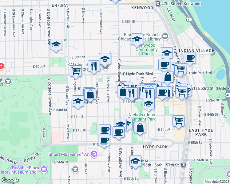 map of restaurants, bars, coffee shops, grocery stores, and more near 1204 East 53rd Street in Chicago