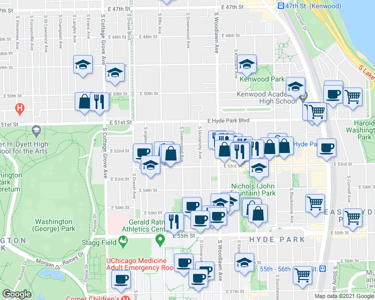 map of restaurants, bars, coffee shops, grocery stores, and more near 5208 South Greenwood Avenue in Chicago