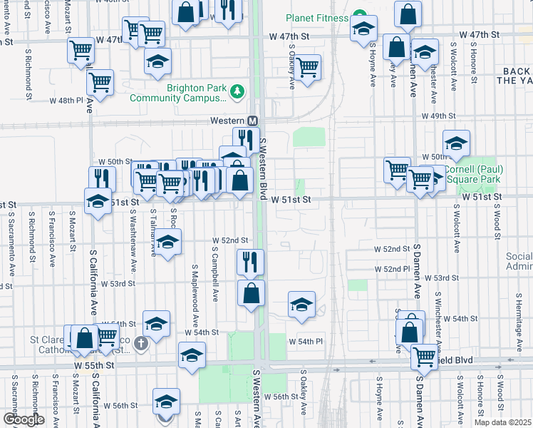 map of restaurants, bars, coffee shops, grocery stores, and more near 5100 South Western Boulevard in Chicago