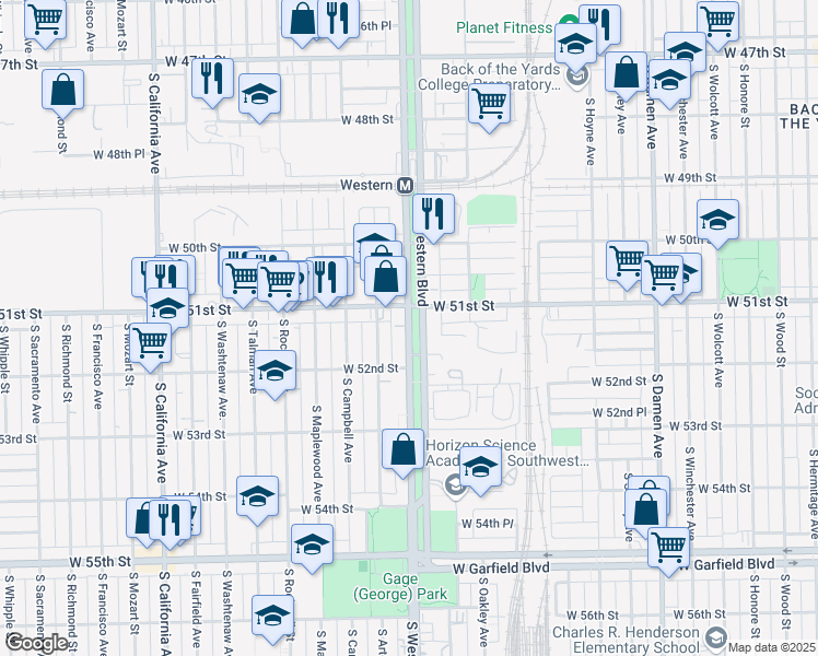 map of restaurants, bars, coffee shops, grocery stores, and more near 5100 South Western Boulevard in Chicago
