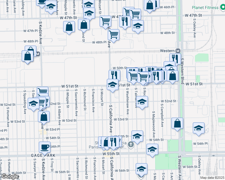 map of restaurants, bars, coffee shops, grocery stores, and more near 5114 South Fairfield Avenue in Chicago