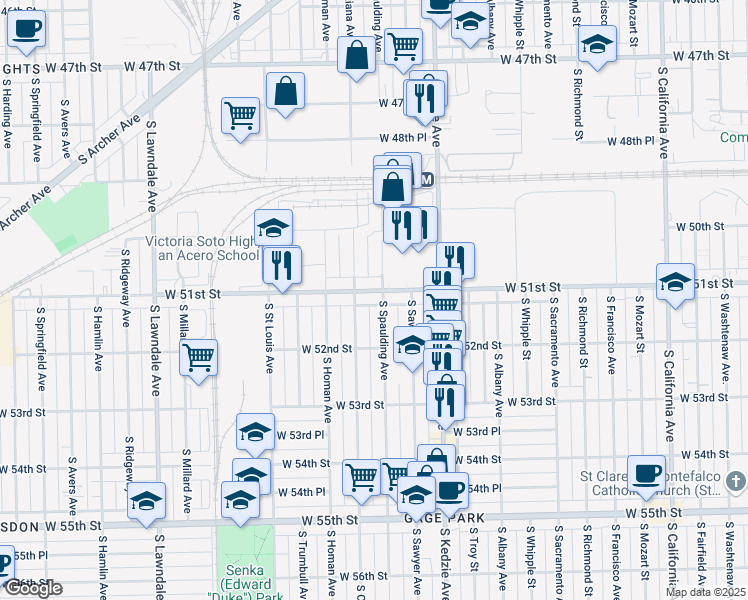 map of restaurants, bars, coffee shops, grocery stores, and more near 3303 West 51st Street in Chicago
