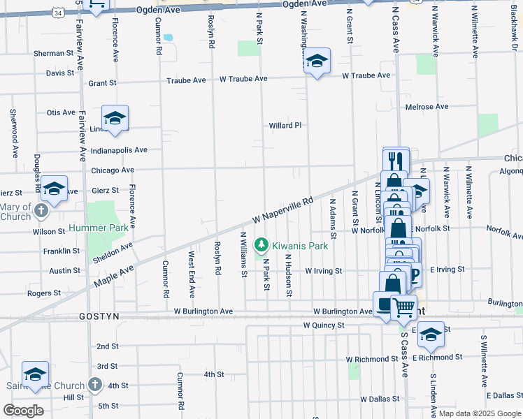 map of restaurants, bars, coffee shops, grocery stores, and more near 302 East Naperville Road in Westmont