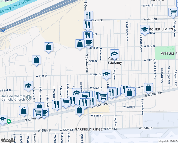 map of restaurants, bars, coffee shops, grocery stores, and more near 5051 South Central Avenue in Chicago