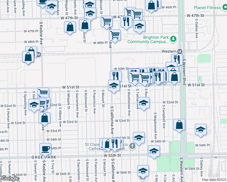 map of restaurants, bars, coffee shops, grocery stores, and more near 5114 South Fairfield Avenue in Chicago