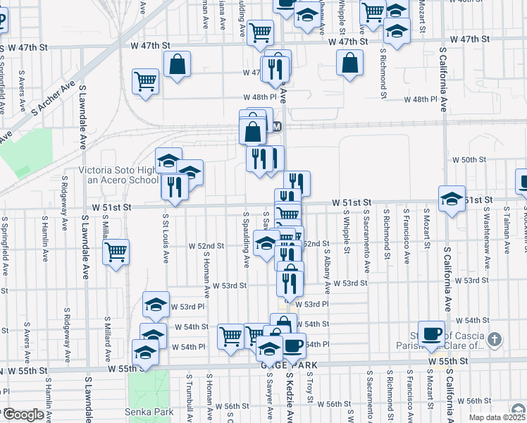 map of restaurants, bars, coffee shops, grocery stores, and more near 5102 South Sawyer Avenue in Chicago