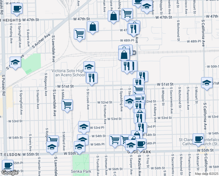 map of restaurants, bars, coffee shops, grocery stores, and more near 3345 West 51st Street in Chicago