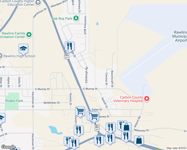 map of restaurants, bars, coffee shops, grocery stores, and more near 1306 Bonanza Street in Rawlins