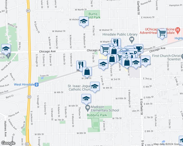 map of restaurants, bars, coffee shops, grocery stores, and more near 132 South Clay Street in Hinsdale