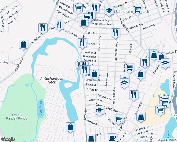 map of restaurants, bars, coffee shops, grocery stores, and more near 130 Argyle Street in Cranston