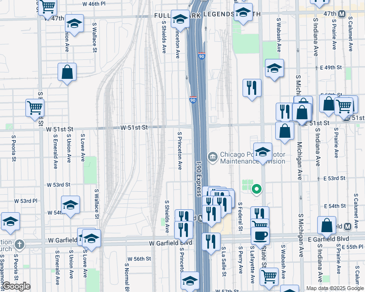 map of restaurants, bars, coffee shops, grocery stores, and more near 5143 South Princeton Avenue in Chicago