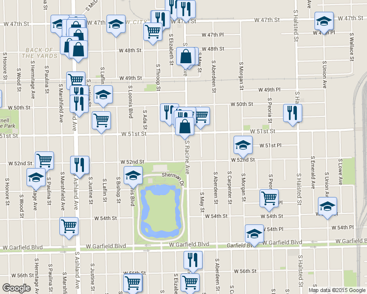 map of restaurants, bars, coffee shops, grocery stores, and more near 5132 South Racine Avenue in Chicago
