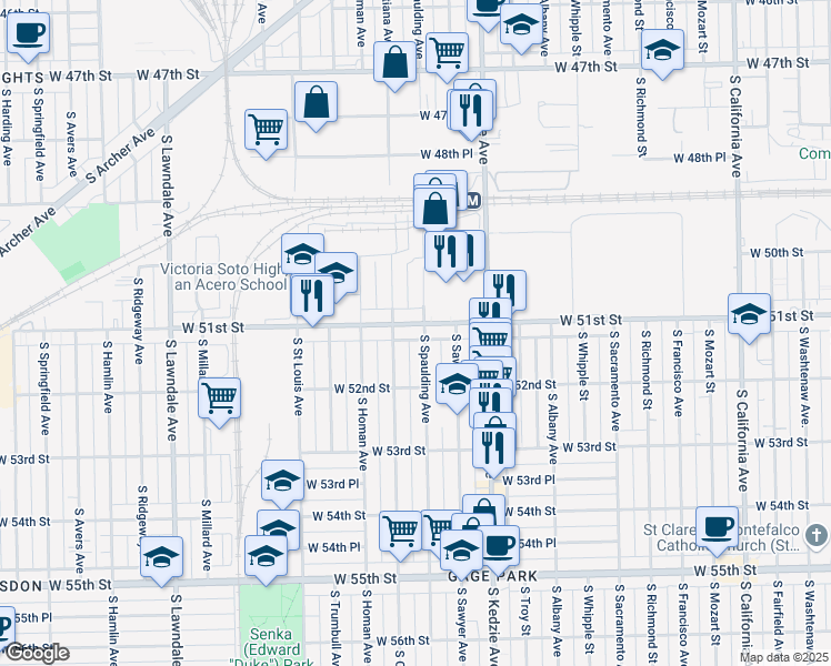 map of restaurants, bars, coffee shops, grocery stores, and more near 3303 West 51st Street in Chicago