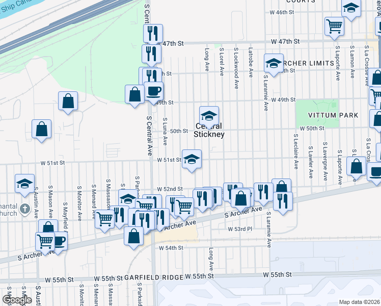 map of restaurants, bars, coffee shops, grocery stores, and more near 5052 South Lotus Avenue in Chicago