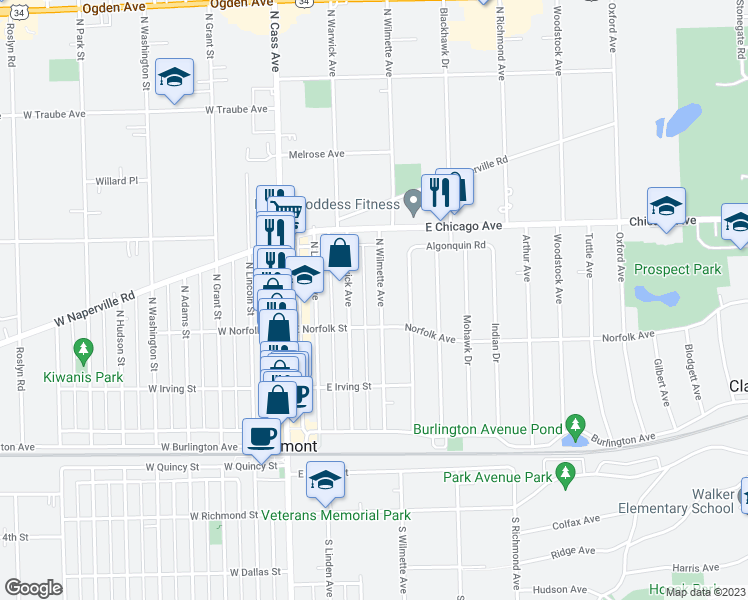 map of restaurants, bars, coffee shops, grocery stores, and more near 220 North Wilmette Avenue in Westmont