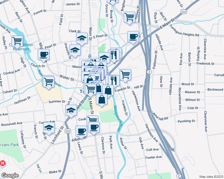 map of restaurants, bars, coffee shops, grocery stores, and more near 20-44 Center Street in Torrington