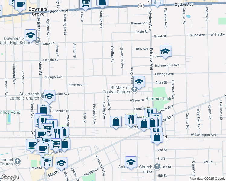 map of restaurants, bars, coffee shops, grocery stores, and more near 604 Prairie Avenue in Downers Grove