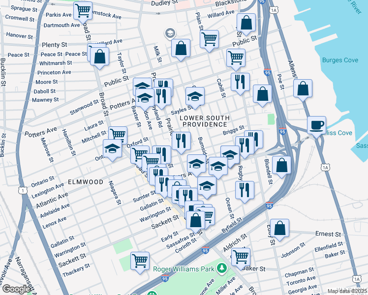 map of restaurants, bars, coffee shops, grocery stores, and more near 17 Mystic Street in Providence