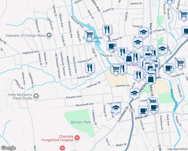 map of restaurants, bars, coffee shops, grocery stores, and more near 61 Culvert Street in Torrington
