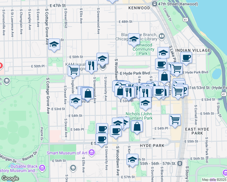 map of restaurants, bars, coffee shops, grocery stores, and more near 1204 East 53rd Street in Chicago