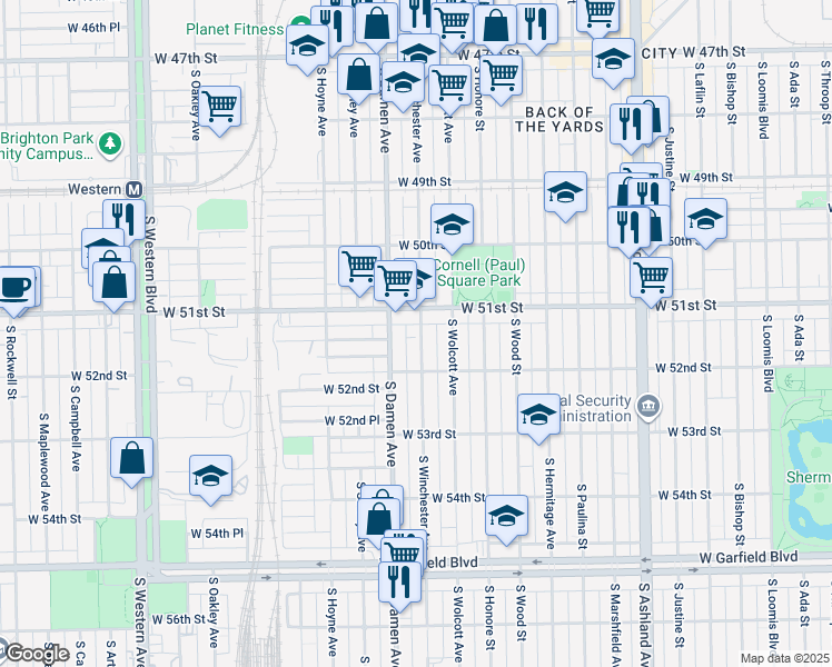 map of restaurants, bars, coffee shops, grocery stores, and more near 5122 South Winchester Avenue in Chicago