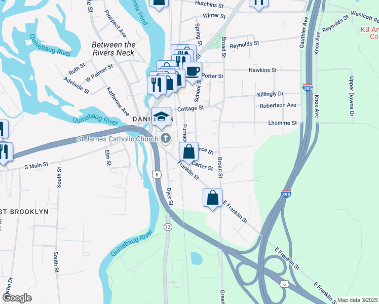 map of restaurants, bars, coffee shops, grocery stores, and more near 128 Furnace Street in Killingly