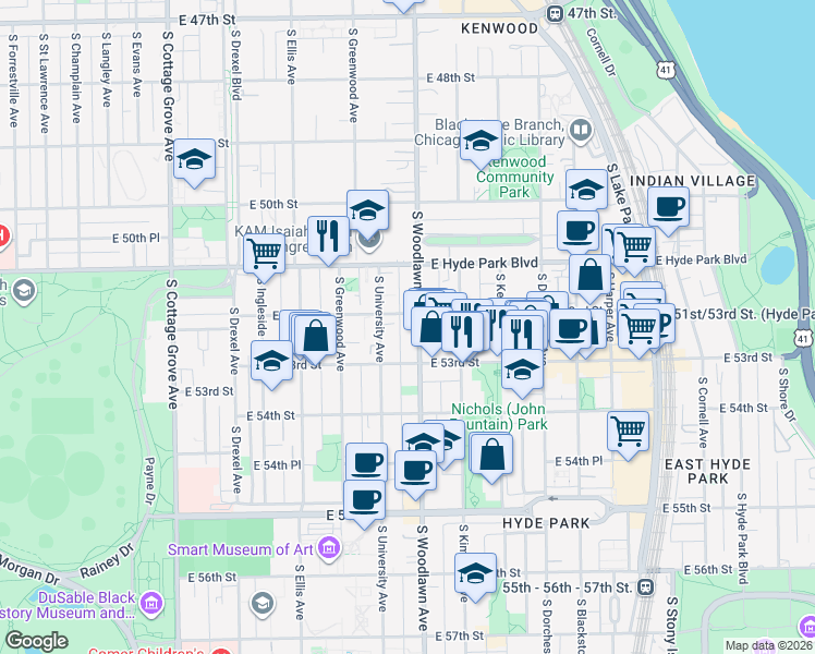 map of restaurants, bars, coffee shops, grocery stores, and more near 5210 South Woodlawn Avenue in Chicago