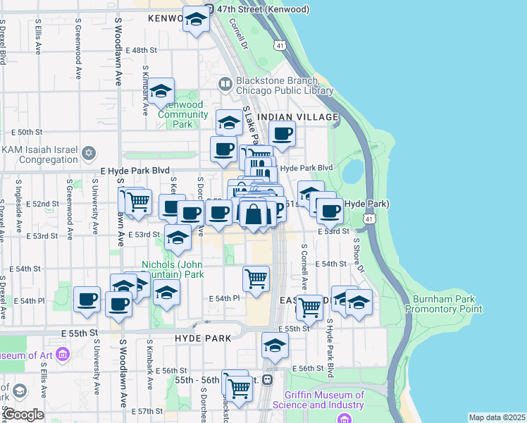 map of restaurants, bars, coffee shops, grocery stores, and more near 5223 South Lake Park Avenue in Chicago