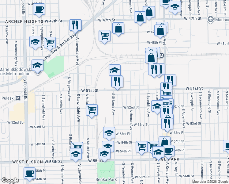 map of restaurants, bars, coffee shops, grocery stores, and more near 3457 West 51st Street in Chicago