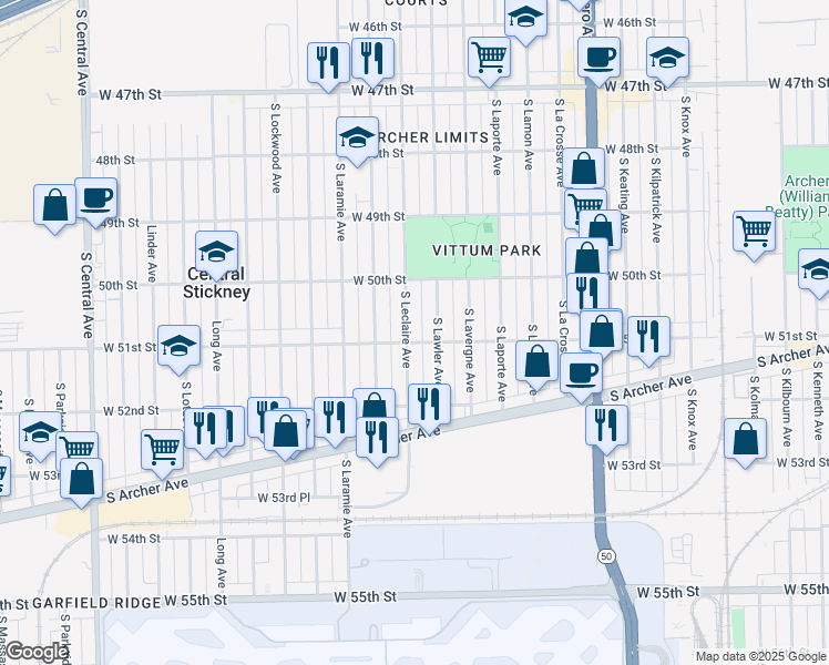 map of restaurants, bars, coffee shops, grocery stores, and more near 5053 South Leclaire Avenue in Chicago