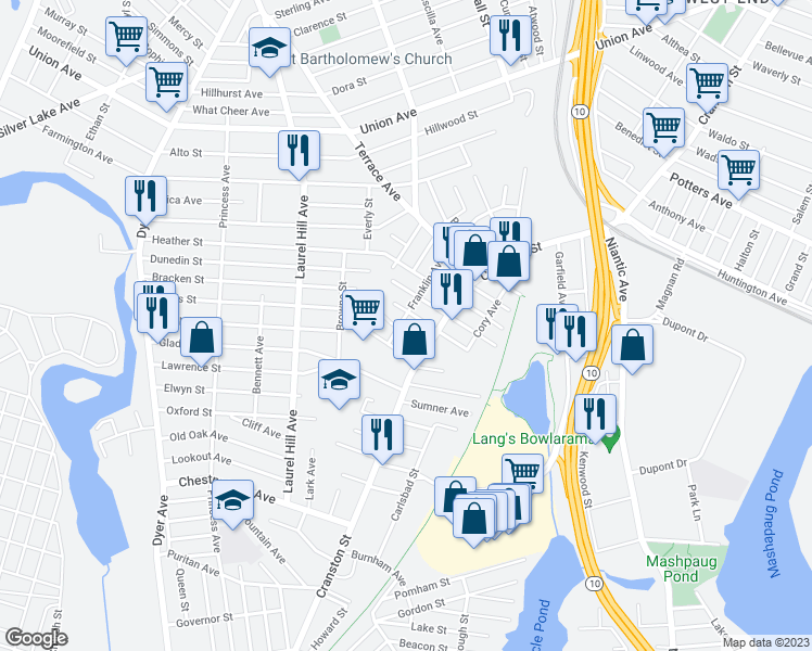 map of restaurants, bars, coffee shops, grocery stores, and more near 25 Birch Street in Cranston