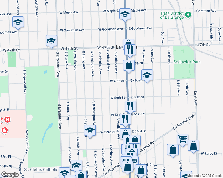 map of restaurants, bars, coffee shops, grocery stores, and more near 721 South Ashland Avenue in La Grange