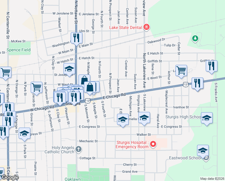 map of restaurants, bars, coffee shops, grocery stores, and more near 104 Jean Street in Sturgis