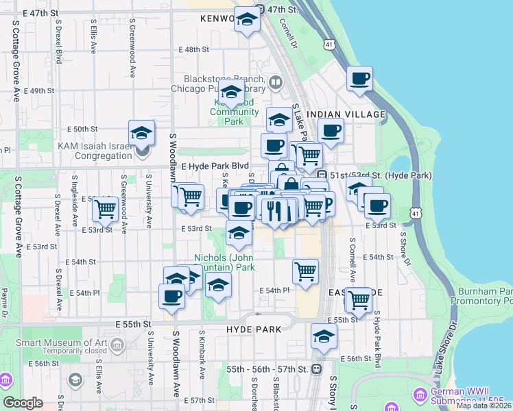map of restaurants, bars, coffee shops, grocery stores, and more near 5210 South Blackstone Avenue in Chicago