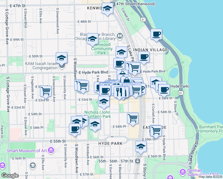 map of restaurants, bars, coffee shops, grocery stores, and more near 5213 South Dorchester Avenue in Chicago