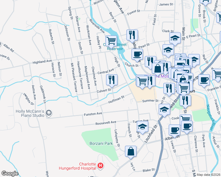 map of restaurants, bars, coffee shops, grocery stores, and more near 116 Culvert Street in Torrington
