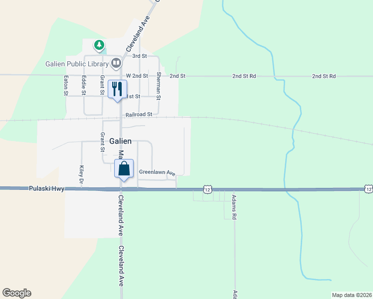 map of restaurants, bars, coffee shops, grocery stores, and more near 204 Karen Drive in Galien