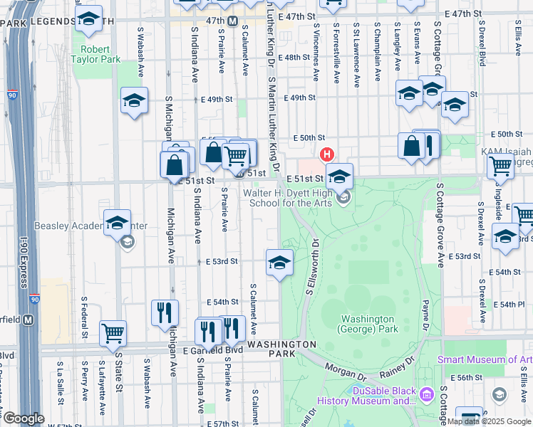 map of restaurants, bars, coffee shops, grocery stores, and more near 5152 South Doctor Martin Luther King Junior Drive in Chicago