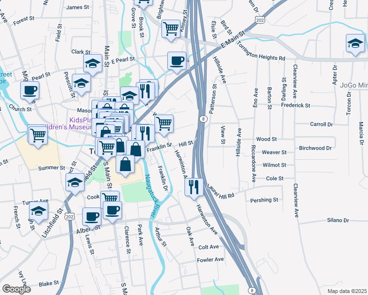 map of restaurants, bars, coffee shops, grocery stores, and more near 32 Hill St in Torrington