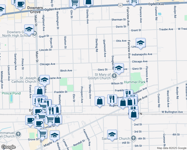 map of restaurants, bars, coffee shops, grocery stores, and more near 604 Prairie Avenue in Downers Grove