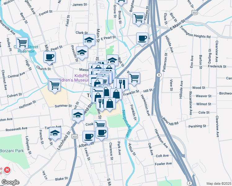 map of restaurants, bars, coffee shops, grocery stores, and more near 83 Franklin Street in Torrington