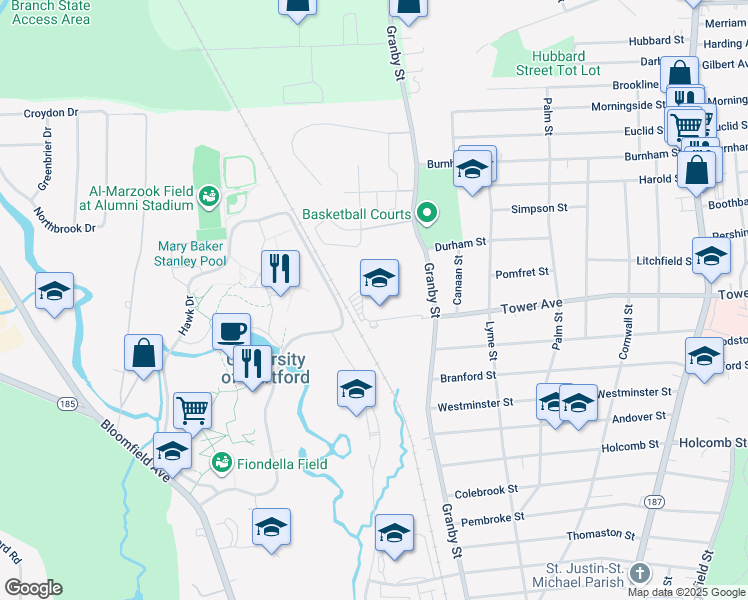 map of restaurants, bars, coffee shops, grocery stores, and more near 415 Granby Street in Hartford